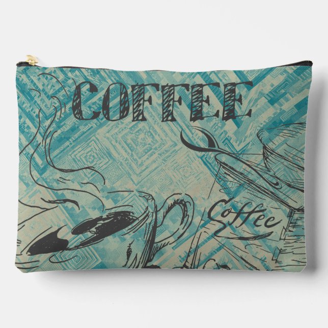 Modern Coffee Lovers Cafe Art Sketch Blue Accessory Pouch (Front)