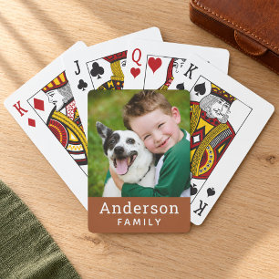 Modern Cognac Custom Family Name Photo Playing Cards