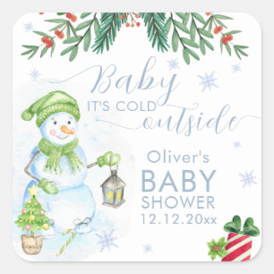 Modern Cold Outside Floral Snowman Baby Shower Square Sticker