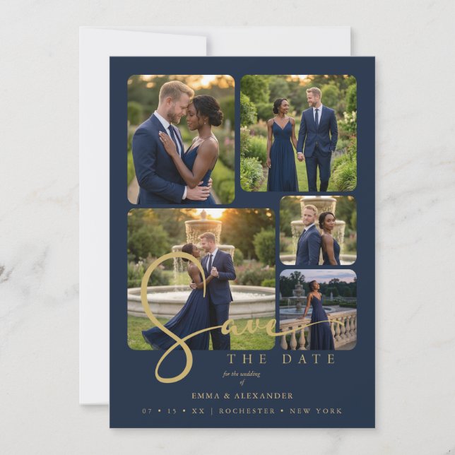 Modern Collage 5-Photo Wedding Navy Blue Save The Date (Front)