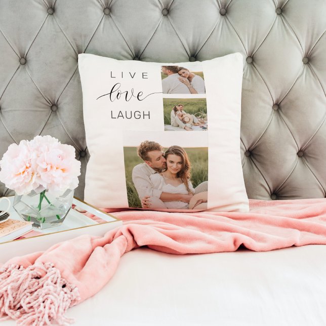 Modern Collage Couple Photo & Live Love Laugh Gift Cushion (Creator Uploaded)
