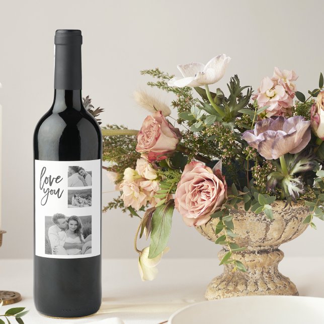 Modern Collage Couple Photo & Love You Beauty Gift Wine Label (Creator Uploaded)