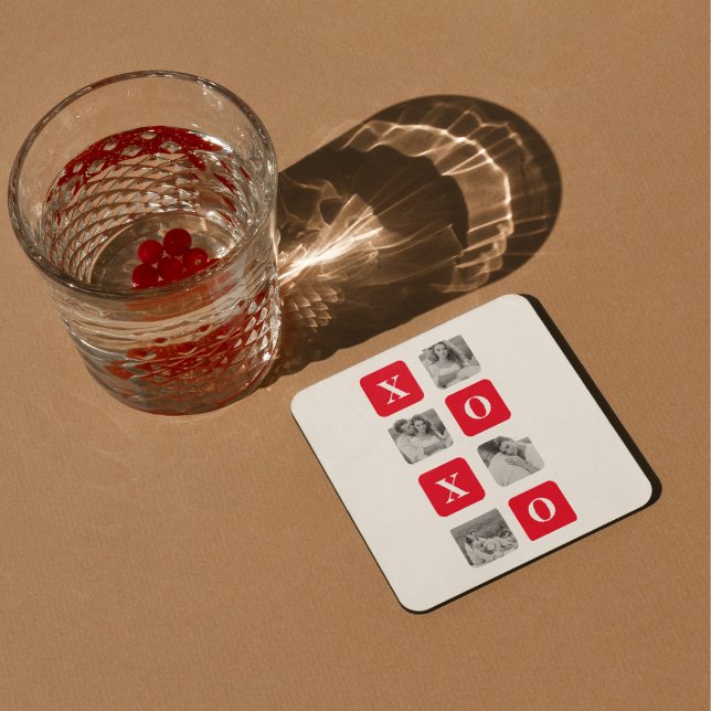 Modern Collage Couple Photo & Red XOXO Square Paper Coaster (Creator Uploaded)