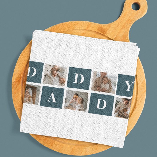 Modern Collage Fathers Photo & Green Daddy Gifts Tea Towel (Creator Uploaded)