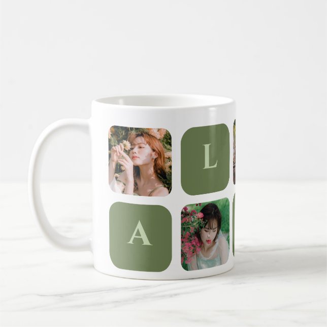 Modern Collage Green Pastel Colour Photo Name Coffee Mug (Left)
