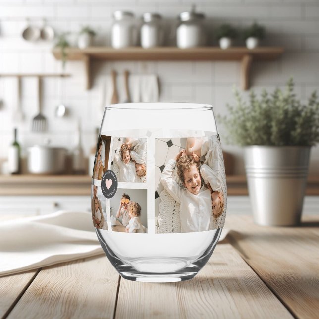 Modern Collage Personalised Family Photo Gift Stemless Wine Glass (Creator Uploaded)