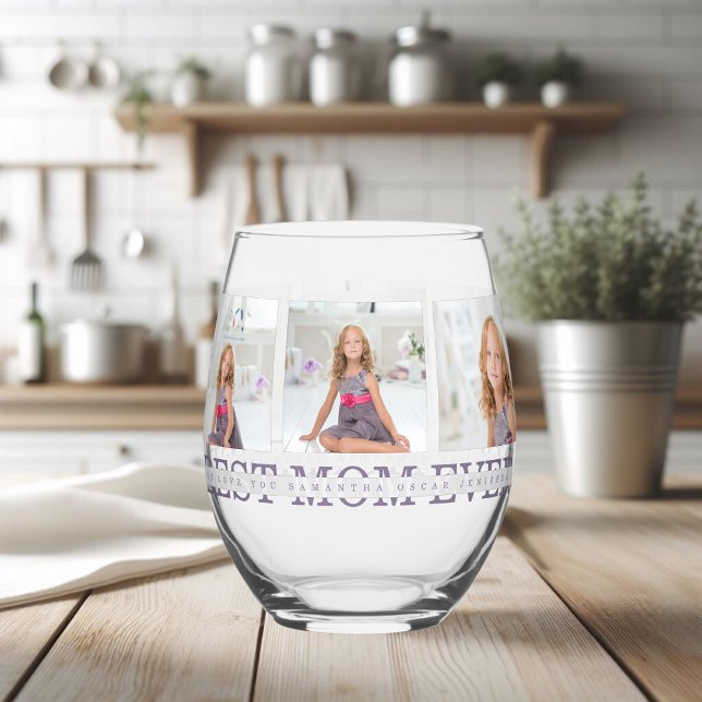Modern Collage Photo Best Mum Ever Purple Gift  Stemless Wine Glass (Creator Uploaded)