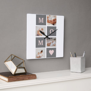 Modern Collage Photo Best Mum  Pink & Grey Gift Square Wall Clock