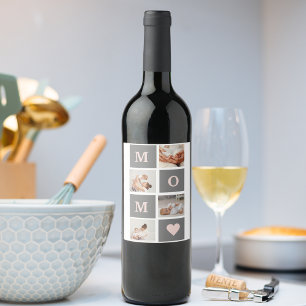 Modern Collage Photo Best Mum  Pink & Grey Gift Wine Label