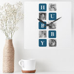 Modern Collage Photo Blue Best Hubby Ever Gift Square Wall Clock<br><div class="desc">The "Modern Collage Photo Blue Best Hubby Ever Gift" is a personalised photo gift that showcases a collection of pictures featuring the best moments shared between you and your beloved husband. This particular version features a blue theme, making it a stylish and contemporary addition to any decor.This gift is perfect...</div>