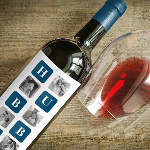 Modern Collage Photo Blue Best Hubby Ever Gift Wine Label