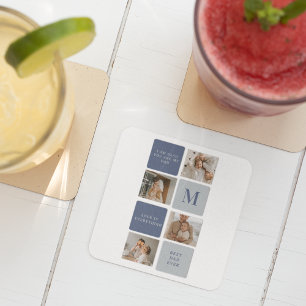 Modern Collage Photo & Blue Happy Fathers Day Gift Square Paper Coaster