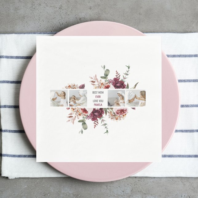 Modern Collage Photo Flowers Frame Best Mum Gift Napkin (Creator Uploaded)