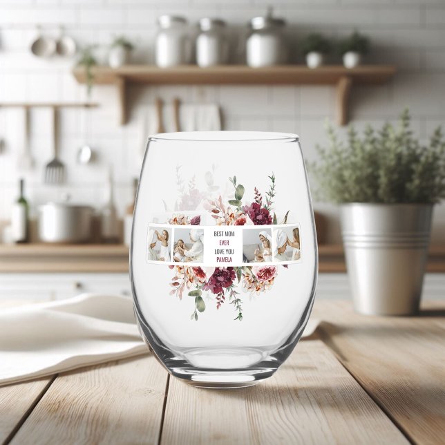 Modern Collage Photo Flowers Frame Best Mum Gift  Stemless Wine Glass (Creator Uploaded)