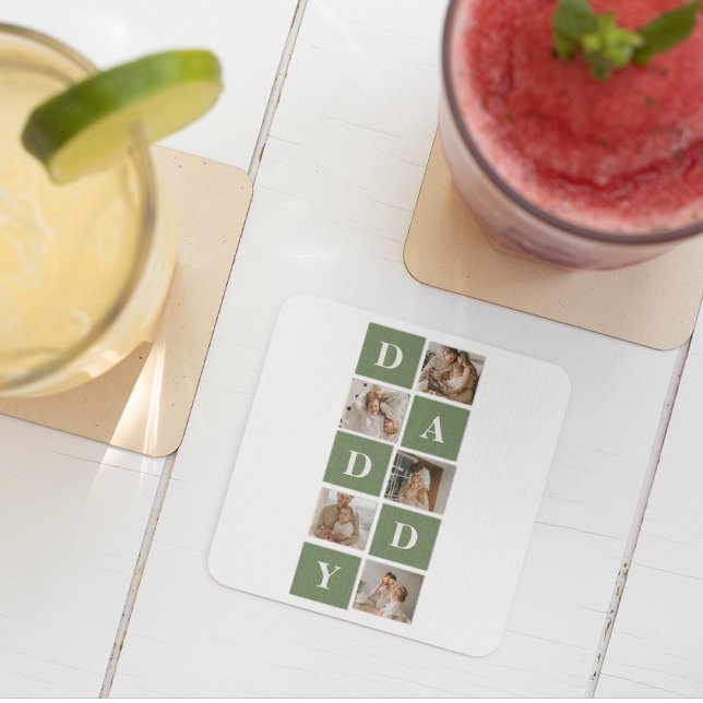 Modern Collage Photo & Happy Fathers Day Gift Square Paper Coaster (Creator Uploaded)