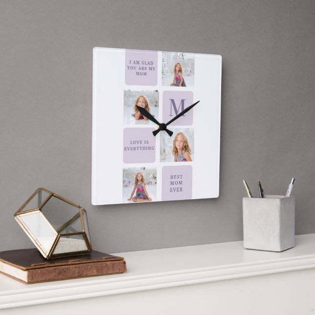 Modern Collage Photo Happy Mothers Day Purple Gift Square Wall Clock (Office)