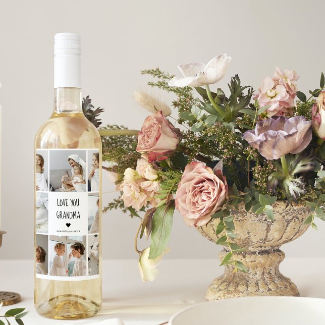 Modern Collage Photo Love You Grandma Best Gift Wine Label (Creator Uploaded)