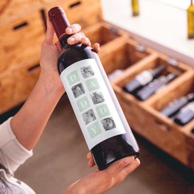 Modern Collage Photo Mint & Happy FathersDay Gift Wine Label (Creator Uploaded)