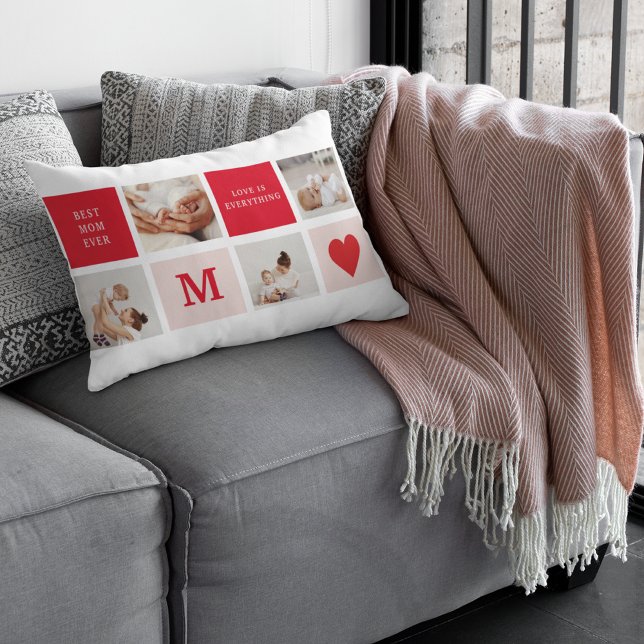 Modern Collage Photo Red & Pink Best Mum Ever Gift Lumbar Cushion (Creator Uploaded)
