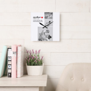 Modern Collage Photo & Text Red Heart Mother Gift Square Wall Clock