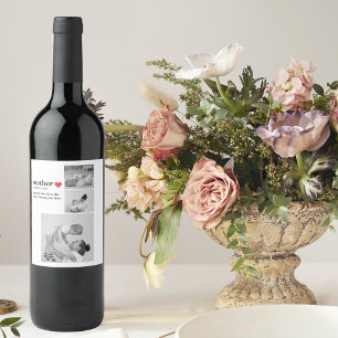 Modern Collage Photo & Text Red Heart Mother Gift Wine Label