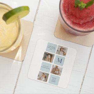 Modern Collage Photos Blue Best Fathers Gift Square Paper Coaster
