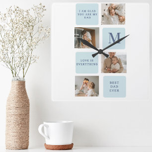 Modern Collage Photos Blue Best Fathers Gift Square Wall Clock