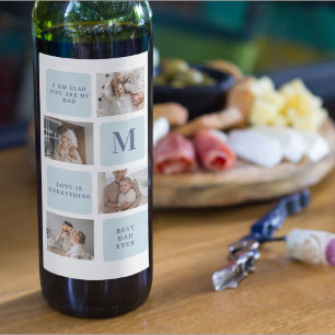 Modern Collage Photos Blue Best Fathers Gift Wine Label