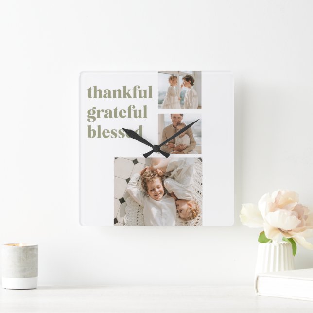 Modern Collage Three Photo | Happy Thanksgiving Sq Square Wall Clock (Home)