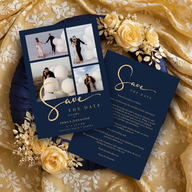 Modern Collage Wedding Navy Blue & Faux Gold Scrip Save The Date (Modern Collage Wedding Navy Blue & Faux Gold Script Typography Save the Date Card with Envelope.)
