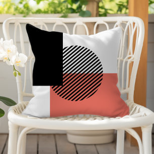 Modern Color Block Striped Circle Coral Black Cushion