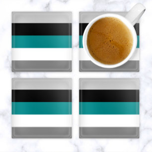 Modern Color Block Stripes Teal Gray Black White Glass Coaster