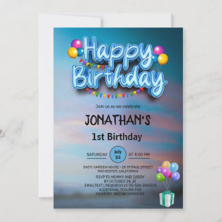 Modern Colorful Balloons 1st Birthday Party  Invitation