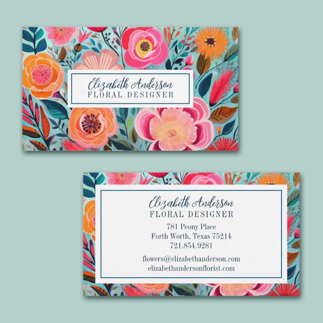 Modern Colorful Flowers Pink Teal Business Card (Beautiful bright floral business cards. Personalize them with your name and information. )