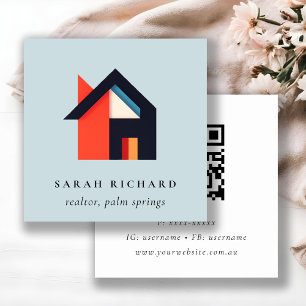 Modern Colorful House Logo Realtor Blue QR Code Square Business Card