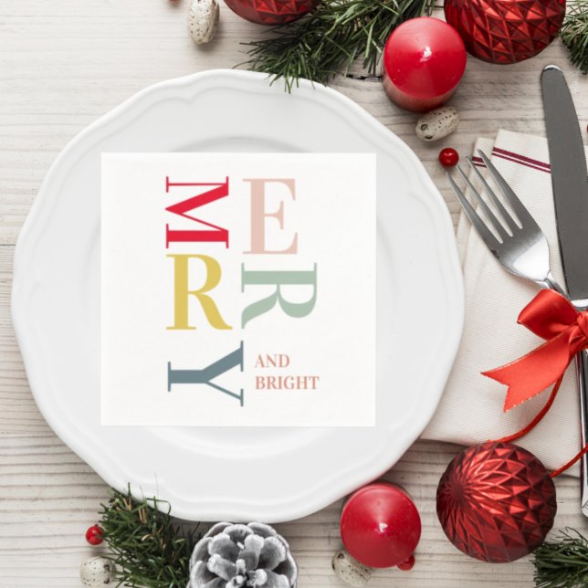 Modern Colorful Merry and Bright | Happy Holidays Napkin (Creator Uploaded)