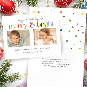 Modern Colorful Merry & Bright Typography 2-Photo Holiday Card