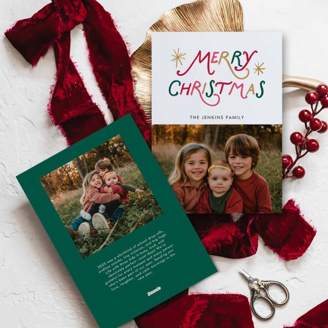 Modern Colorful Merry Christmas Two Photo Card (Merry Christmas Modern Typography Photo Greeting Card)