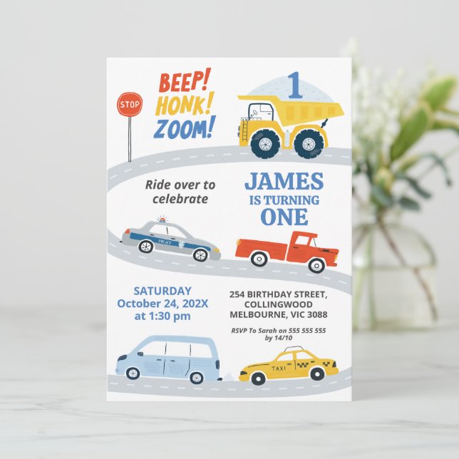 Modern Colorful Road Transport 1st Birthday  Invitation (Standing Front)