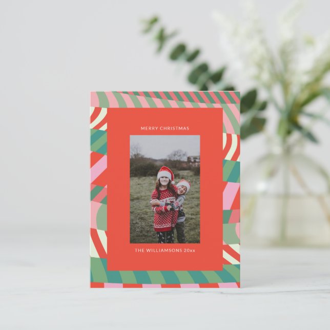 Modern Colorful Unique Red Green Pink Photo  Holiday Postcard (Standing Front)
