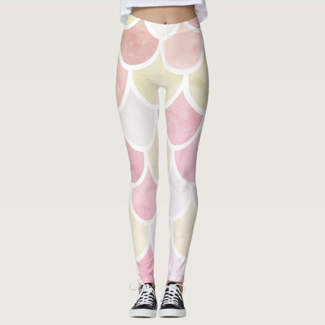 Modern Colorful Watercolor Mermaid Scales Pattern Leggings (Front)