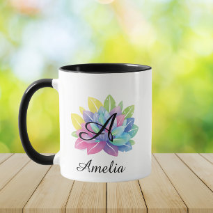 Modern colorful Y2K botanical monogram Mug