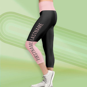 Modern Colour Block Black Blush with Custom Text Capri Leggings