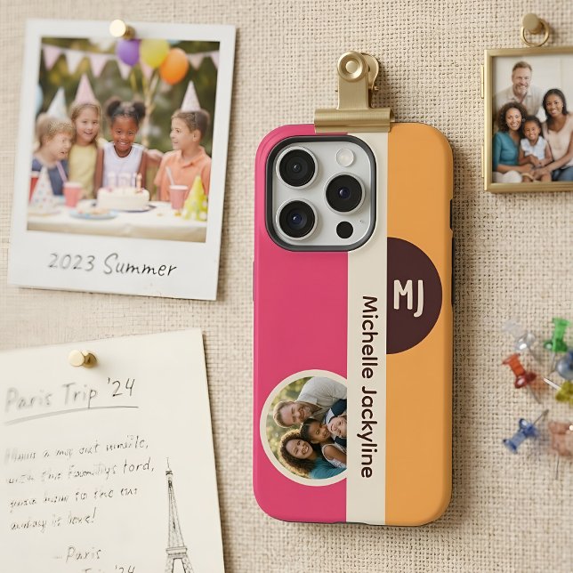 Modern Colour Block Custom Photo Monogram & Name iPhone Case (Creator Uploaded)
