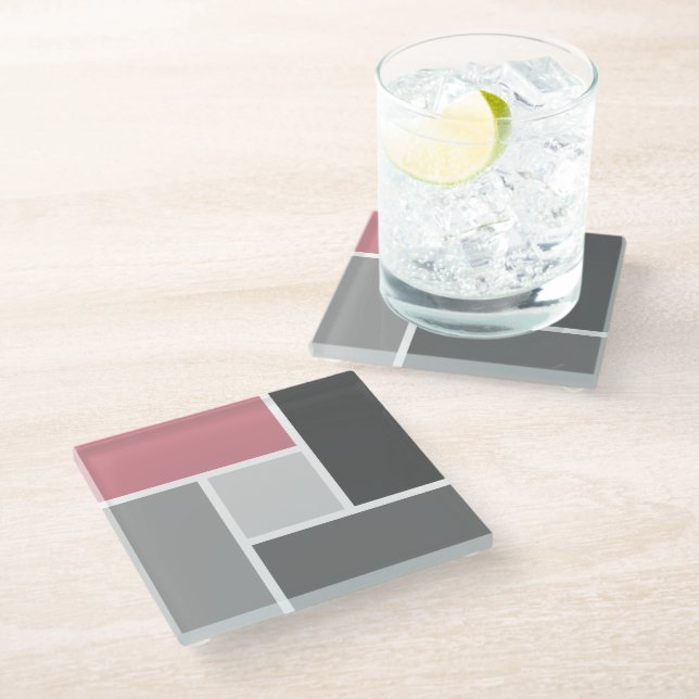 Modern Colour Block Mosaic Dusty Pink Grey White Glass Coaster (Angled)