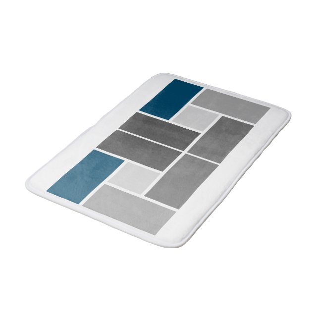 Modern Colour Block Mosaic Ocean Blue Grey White Bath Mat (Angled)