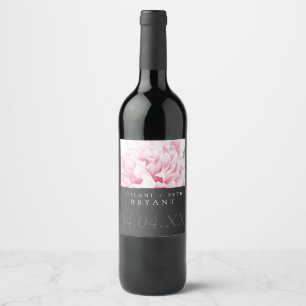 Modern Colour Block Painted Pink Peony Floral Wine Label