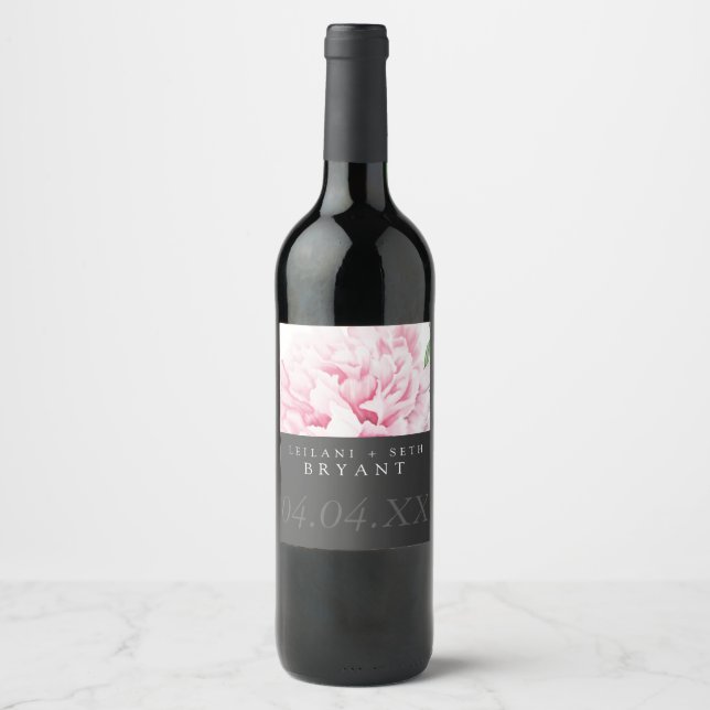 Modern Colour Block Painted Pink Peony Floral Wine Label (Front)