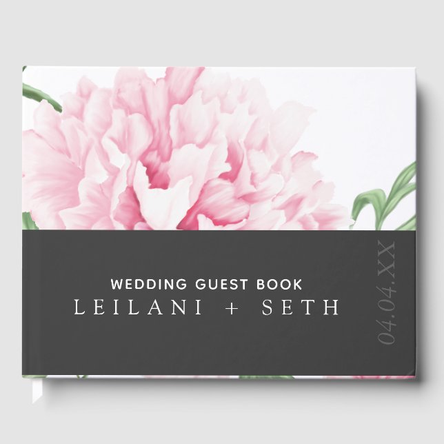 Modern Colour Block Pink Peony Floral Wedding Guest Book (Front)