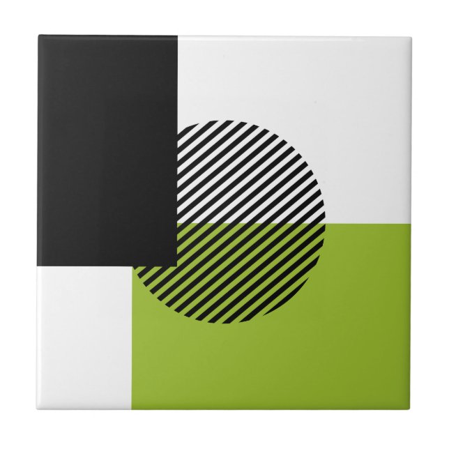 Modern Colour Block Striped Circle Lime Green Blac Ceramic Tile (Front)